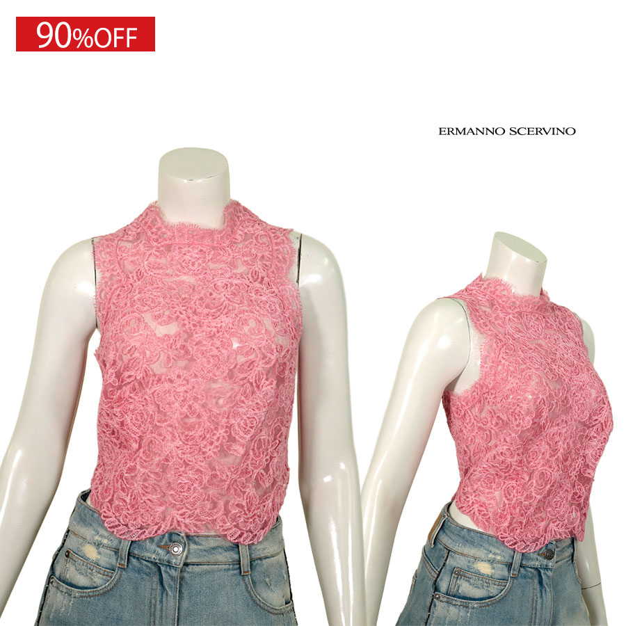 \数量限定!キャリー品特別プライス/【定価¥224,000の90%OFF】ERMANNO SCERVINO【エルマンノ シェルヴィーノ】【春夏物】【半額以上セール】【正規取扱い】チュールレーススカラップヘムプルオーバーブラウス/ピンク【サイズ38】【イタリア製】
