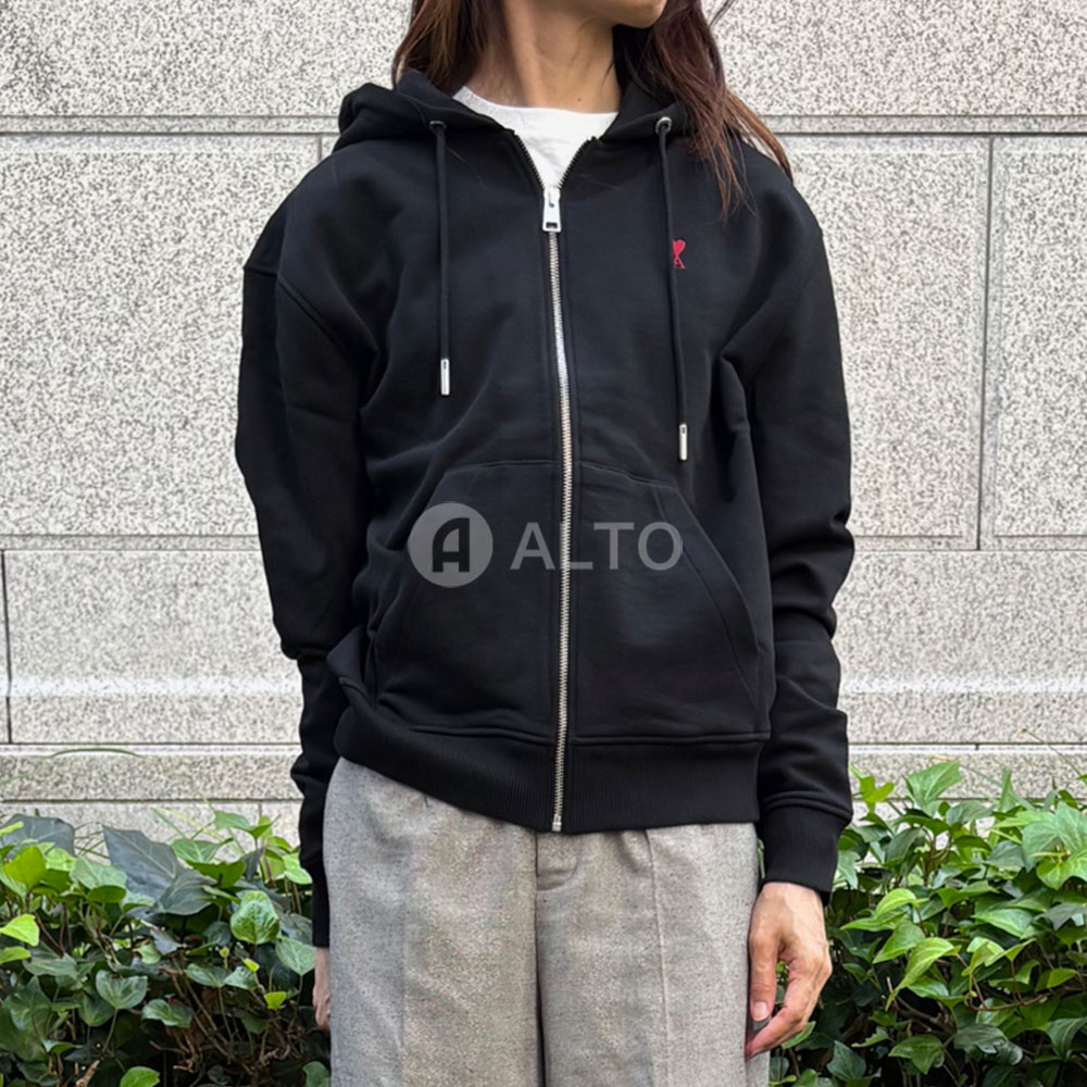 ★2025-2026秋冬物モデル★ AMI PARIS アミ パリス BFUSW435 730 ジップパーカー フーディー カーディガン ハートロゴ刺繍 長袖 ブラック レディース｜ALTO　店