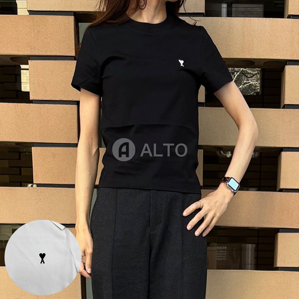 【2026春夏物モデル】AMI PARIS アミ パリス Ami de Coeur Tシャツ FTS347.724 オーガニックコットン 半袖 Tシャツハートロゴ 刺繍 カットソー クロップド丈 ホワイト/ブラック レディース