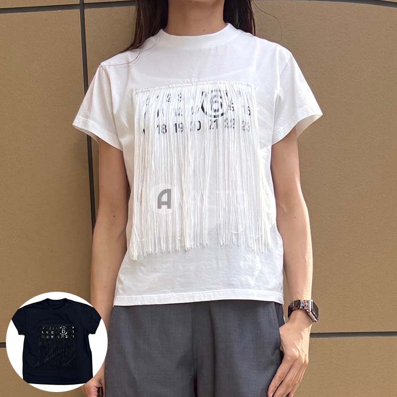 MM6 メゾンマルジェラ エムエムシックス MARGIELA6 ナンバーロゴ フリンジTシャツ S52GC0332 M20048ショートスリーブ レディースホワイト/ブラック|ALTO 店