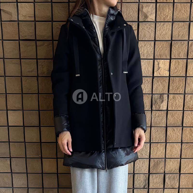 ★出荷の前にプレスをかけて配送★ 【2025-2026秋冬物モデル】HERNO ヘルノエコウール切り替え ダウンコート Aシェイプ PI001966D 33344 Aライン ブラック ｜ALTO　店