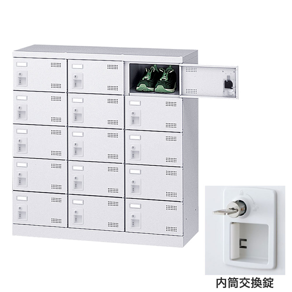 靴箱 シューズロッカー 下駄箱 スチール製 鍵付 業務用 完成品 日本製 扉付 ホワイト 15足 SLBW-M15-T3 (内筒交換錠)3列5段15人用 生興『代引不可』 『送料無料（一部地域除く）』