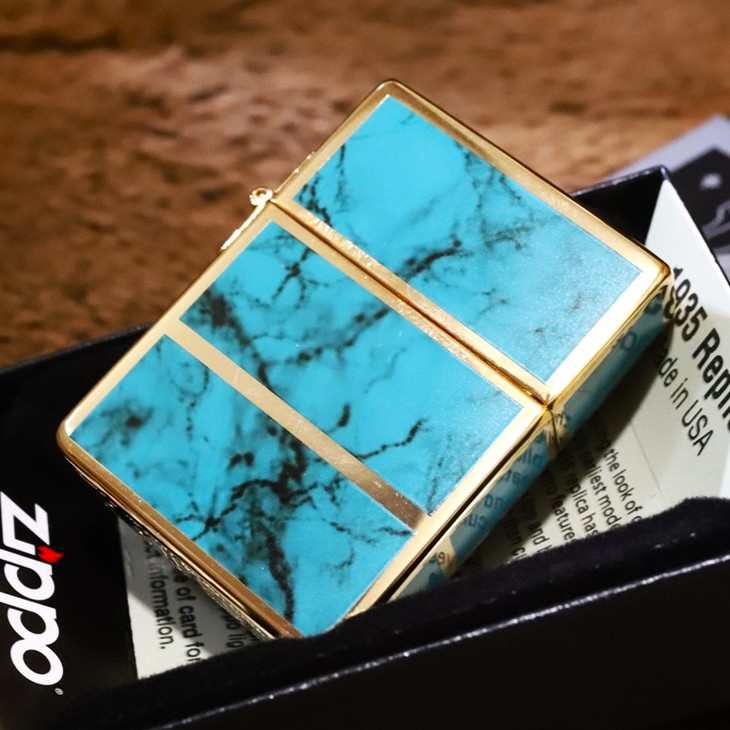 限定ZIPPO 1935 復刻レプリカ 4面マーブル ターコイズライン 金 ゴールド 人気ジッポ ゴールドタンク シンプル アンティーク プレゼント 金タンク かっこいい 限定ジッポ zippo EPG