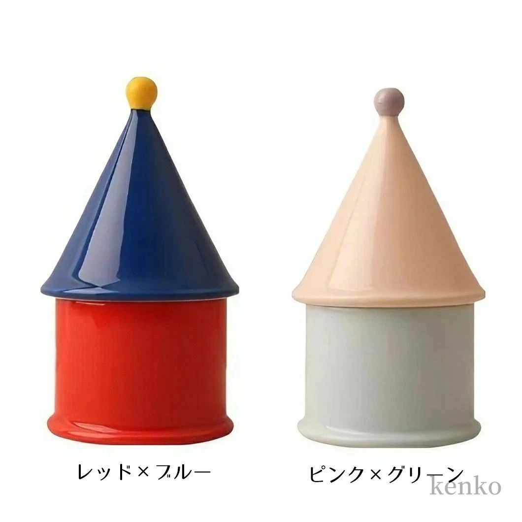 ピンクxグリーン レッドxブルー 陶器製 ボールのつまみ付き 三角屋根デザイン 綿棒ケース 爪楊枝ケース