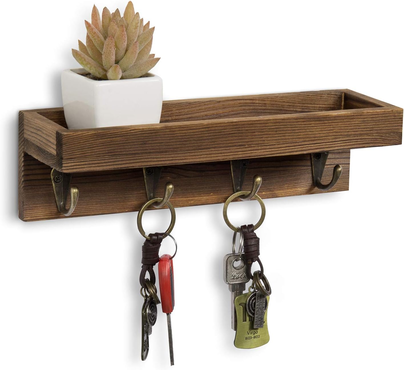 【楽天市場】MyGift フック付き フローティング ウォールシェルフ ダークブラウン ウッド 玄関収納 シェルフ メタルキー フック4個付き