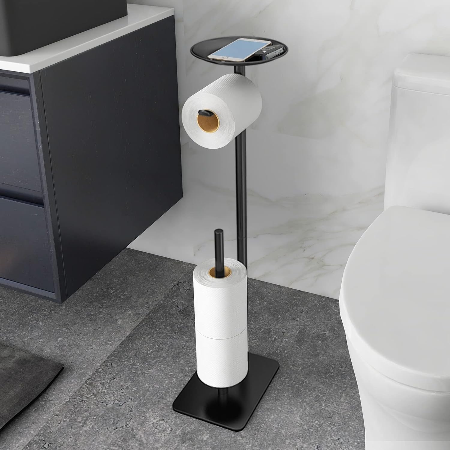 FEILERN トイレットペーパーホルダースタンド バスルーム用 床置き型トイレットペーパーディスペンサー 予備ロール4本収納 携帯電話 ウェットティッシュ 財布など用 トップ収納棚付き トイレットペーパーホルダー スタンド型 4ロール収納 トイレ収納 スマホ置き ブラック|日本小売業販売