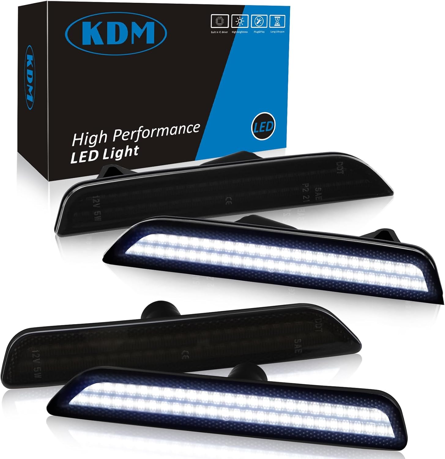 KDM LED スモークレンズ フェンダーサイドマーカーリフレクターライト 2列 明るいホワイト 2010-2014 フォード マスタング アセンブリ フロント & リアサイドバンパーマーカーライトに対応 4個パック|日本小売業販売
