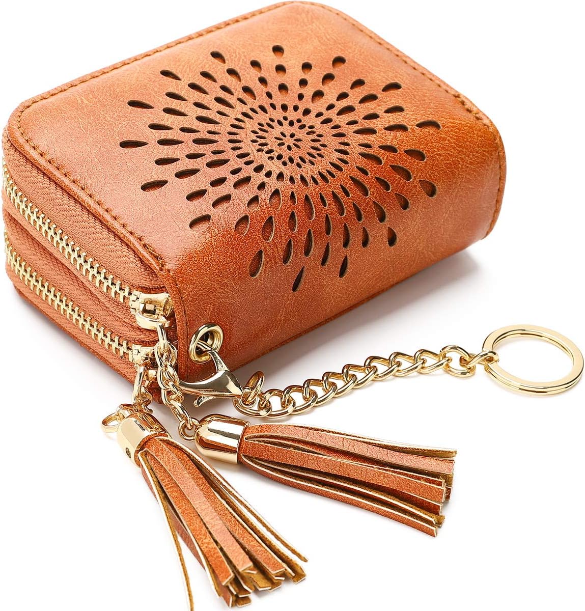 APHISON RFID クレジット カード ホルダー ジッパー カード ケース キーホルダー スモールウォレット 女性用 1942 B-BROWN-2（double zip）