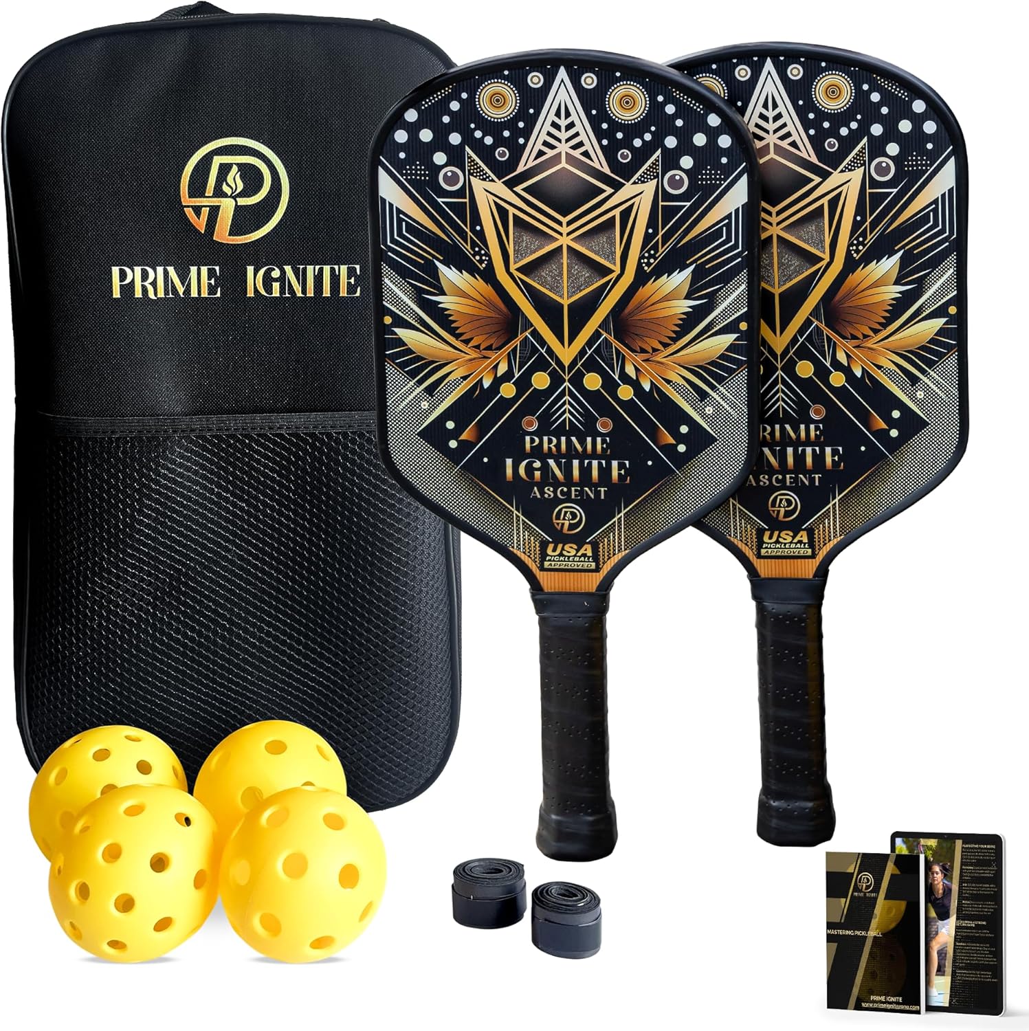 PRIME IGNITE Ascent ピックルボール パドル 2個セット USAPA承認 軽量グラスファイバーパドル ボール 4個 予備グリップ 2個 キャリングバッグ付き 初心者&プロ向け ピックルボール ラケット ギフト