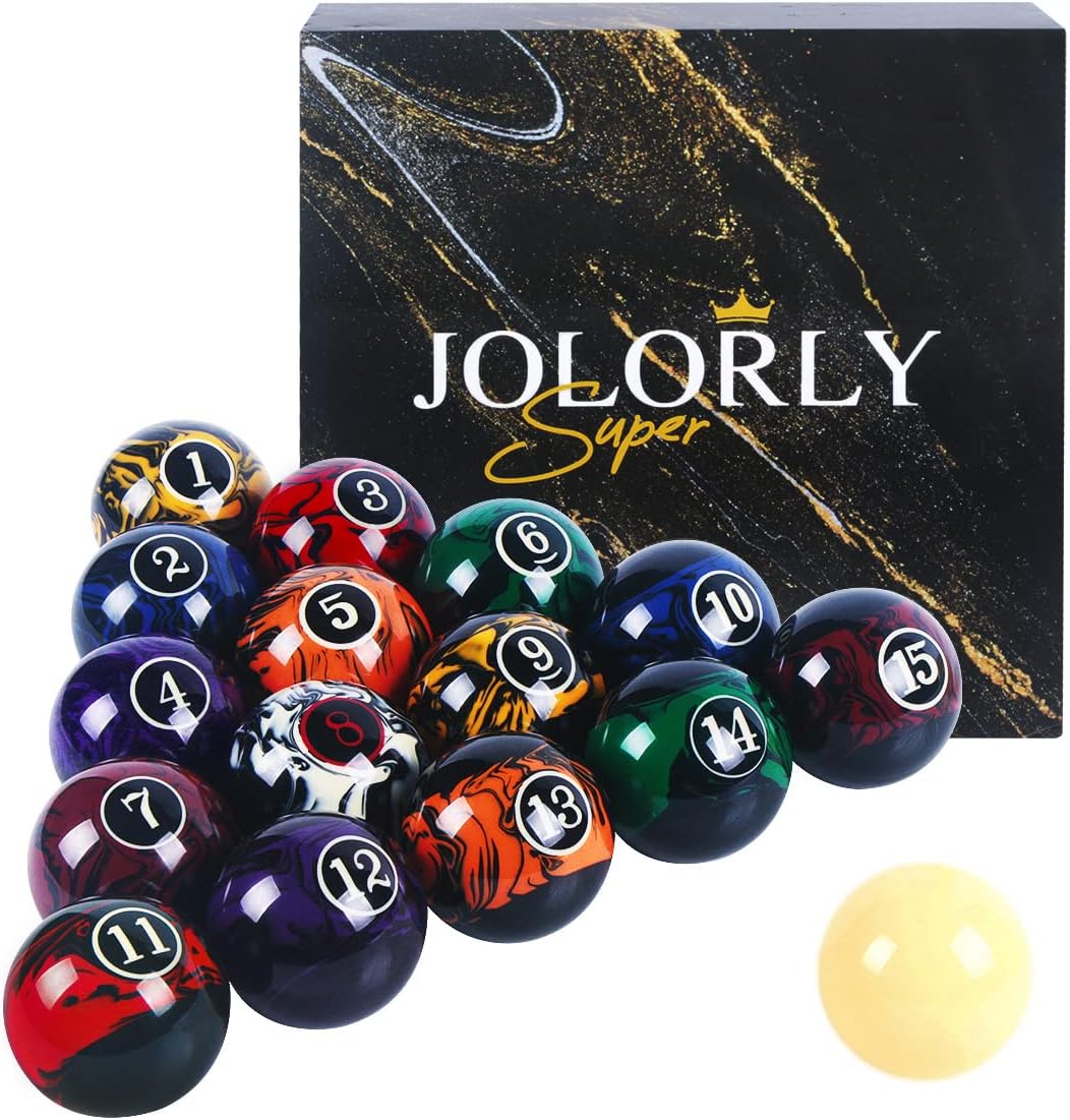 JOLORLY Dark Marble-Swirl Billiard Balls AAA-Grade ビリヤードボール 16個 完全セット 2-1/4 インチ 規定サイズ&重量 プロトーナメントビリヤードボール