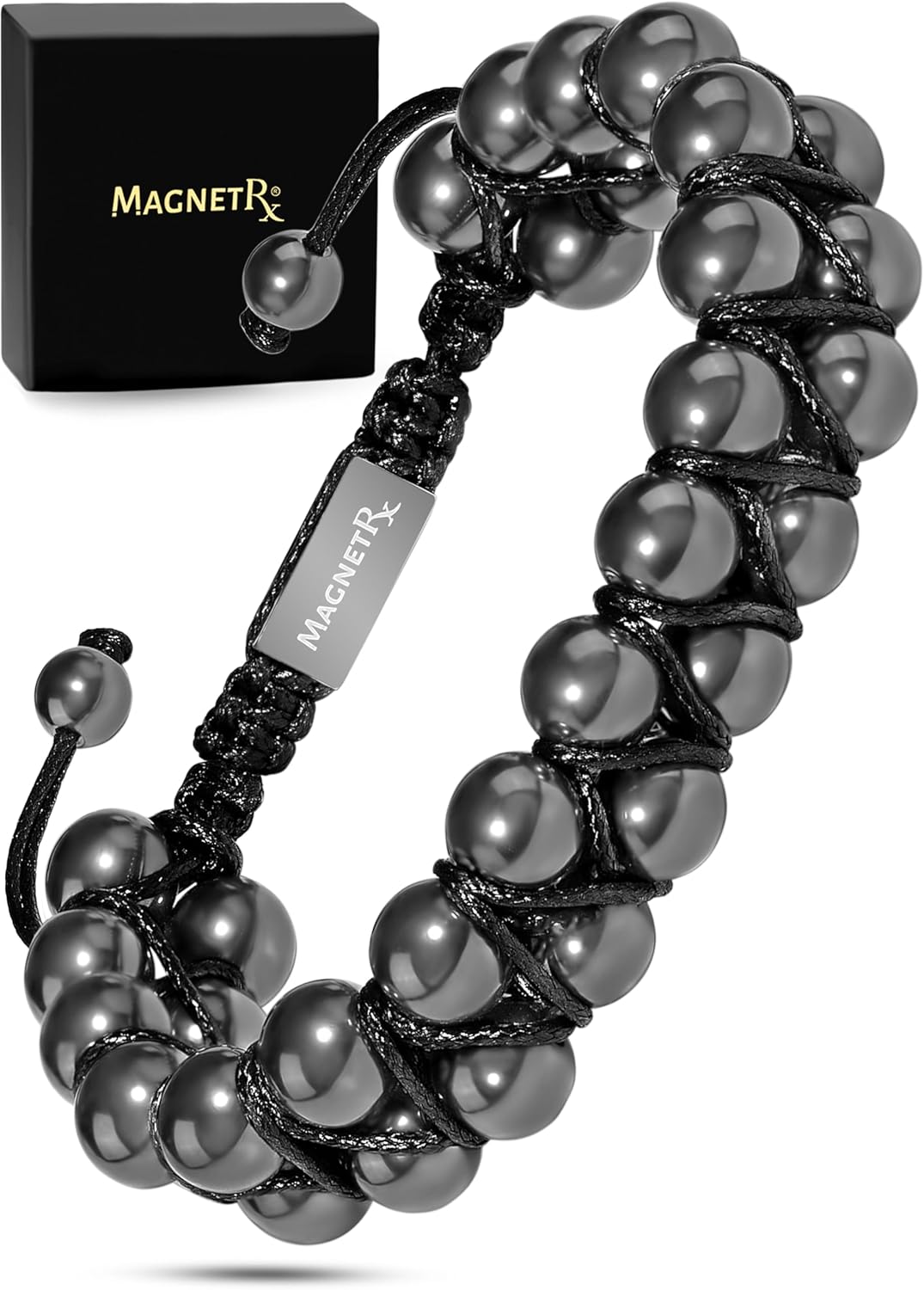 MagnetRX 磁気ヘマタイト 腕輪 最大限度甚だしい磁気石ころ 男女兼用 ビーズ磁気腕輪 ダブル甚だしい 8粍 流束治療法 ヘルスケア 黒いこと