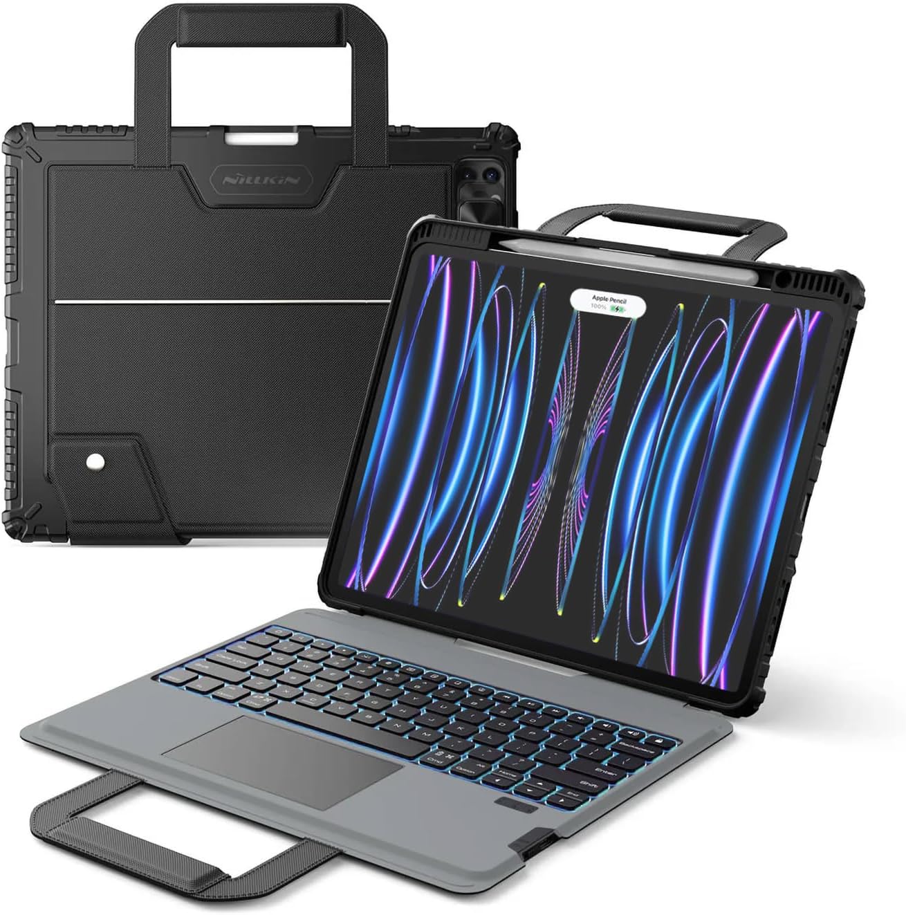 Nillkin Carry Go キーボードケース iPad Air 13インチ (M3/M2) 用 ハンドル付き iPad Pro 12.9 (第3/4/5/6世代) 用 頑丈ケース 取り外し可能なキーボード マジックトラックパッド 7色バックライト カメラカバー付き ブラック