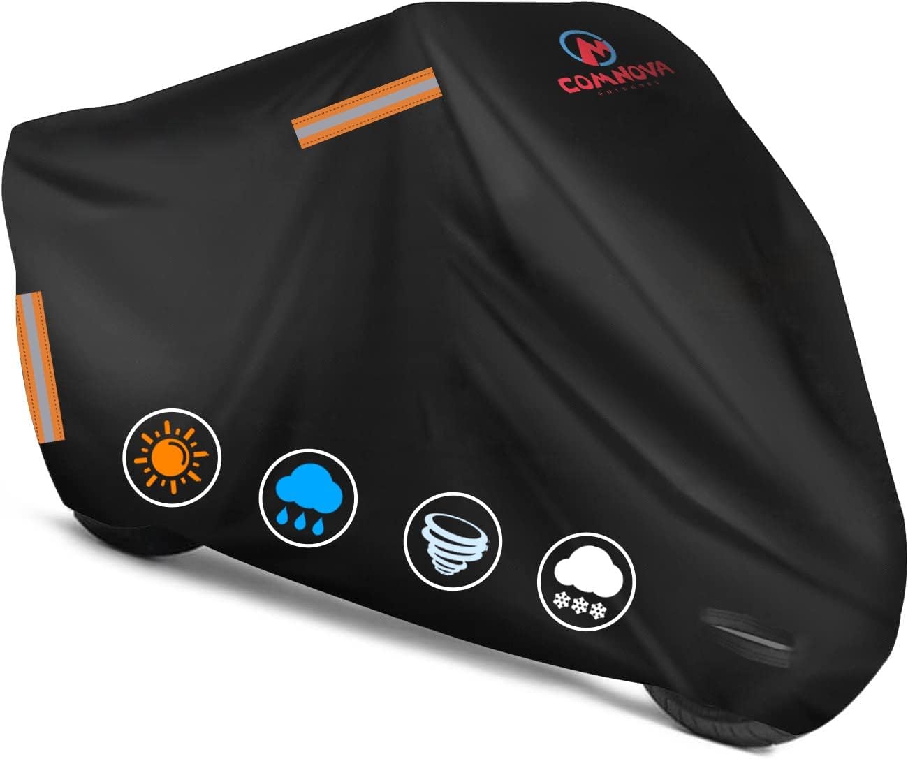 M COMNOVA OUTDOORS バイクカバー オールシーズン対応 ユニバーサル 防水 耐候性 日焼け防止 屋外保護 バイクカバー スクーターシェルター 頑丈 バイク 車両カバー 最大96インチモーター対応 ブラック 夜間反射ストライプ 600D ハーレーダビッドソン スズキ カワサキ ヤマハ