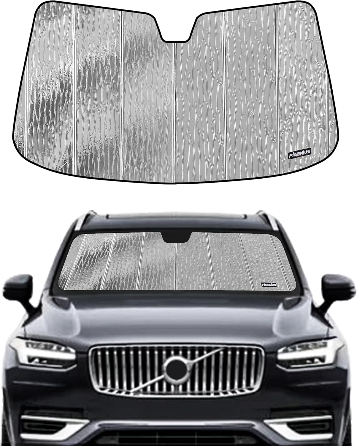 Pigenius A-SS1003 ボルボ XC90 2016-2025 用フロントガラスサンシェード フロントウィンドウサンシェード AstraGuard メタリックシルバー(メタリック) アコーディオン折りたたみデザイン 収納バッグ付属 ダメージ防止 素早いセットアップ 三重ラミネート構造 日よけ