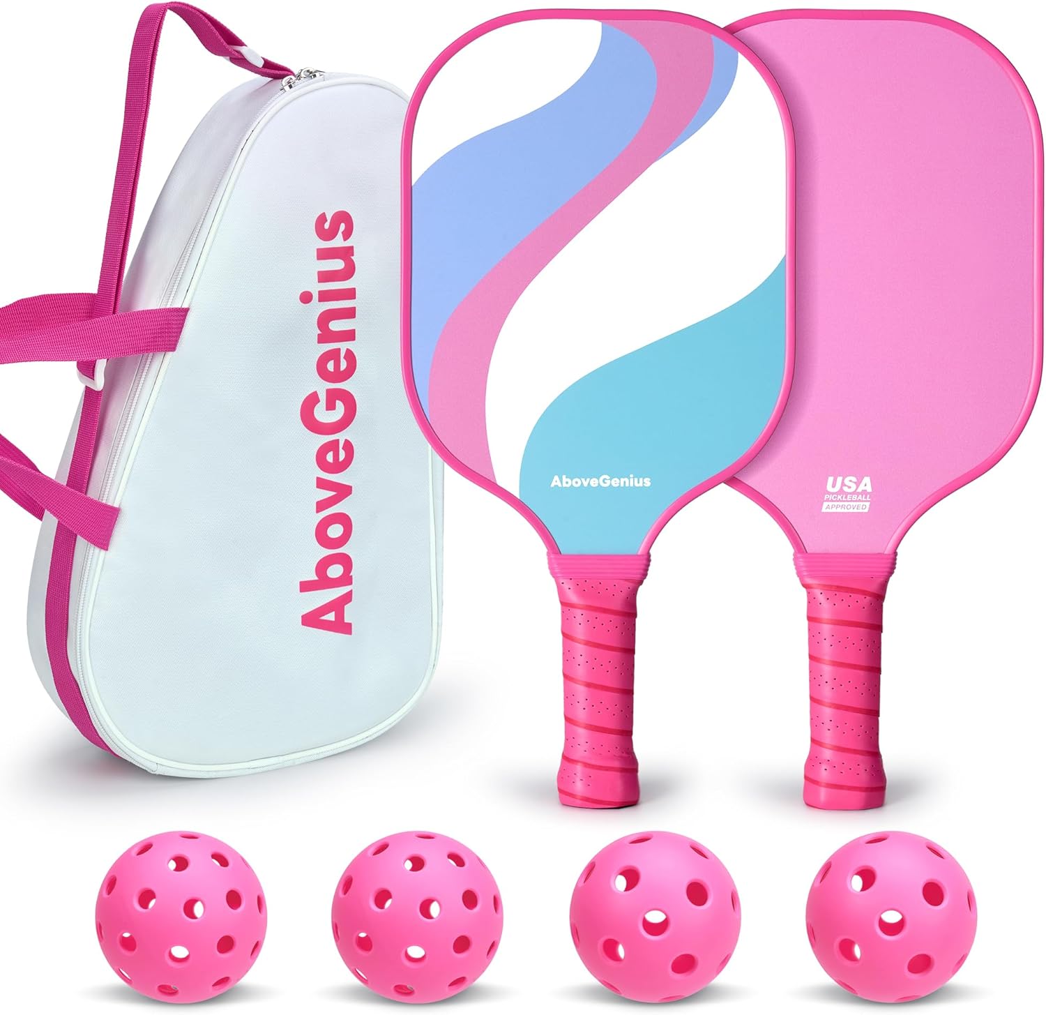 AboveGenius ピックルボールパドル2本セット ピックルボールセット ピックルボールラケット ピンク かわいい 軽量 グラスファイバー 屋内外用ボール2個 キャリングバッグ1個 女性 初心者 ピンク ピックルボールパドルセット 2本組 軽量フィブラグラス製ラケット