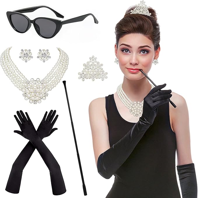 Horolam アクセサリー 1920年代 6PCS Holly Golightly 真珠 ネックレス イヤリング 手袋 サングラス 1920年代風 アクセサリー6点セット レディース 仮装 パール グローブ サングラス付き ホリー・ゴライトリー ハロウィン コスプレ 仮装パーティー テーマイベント