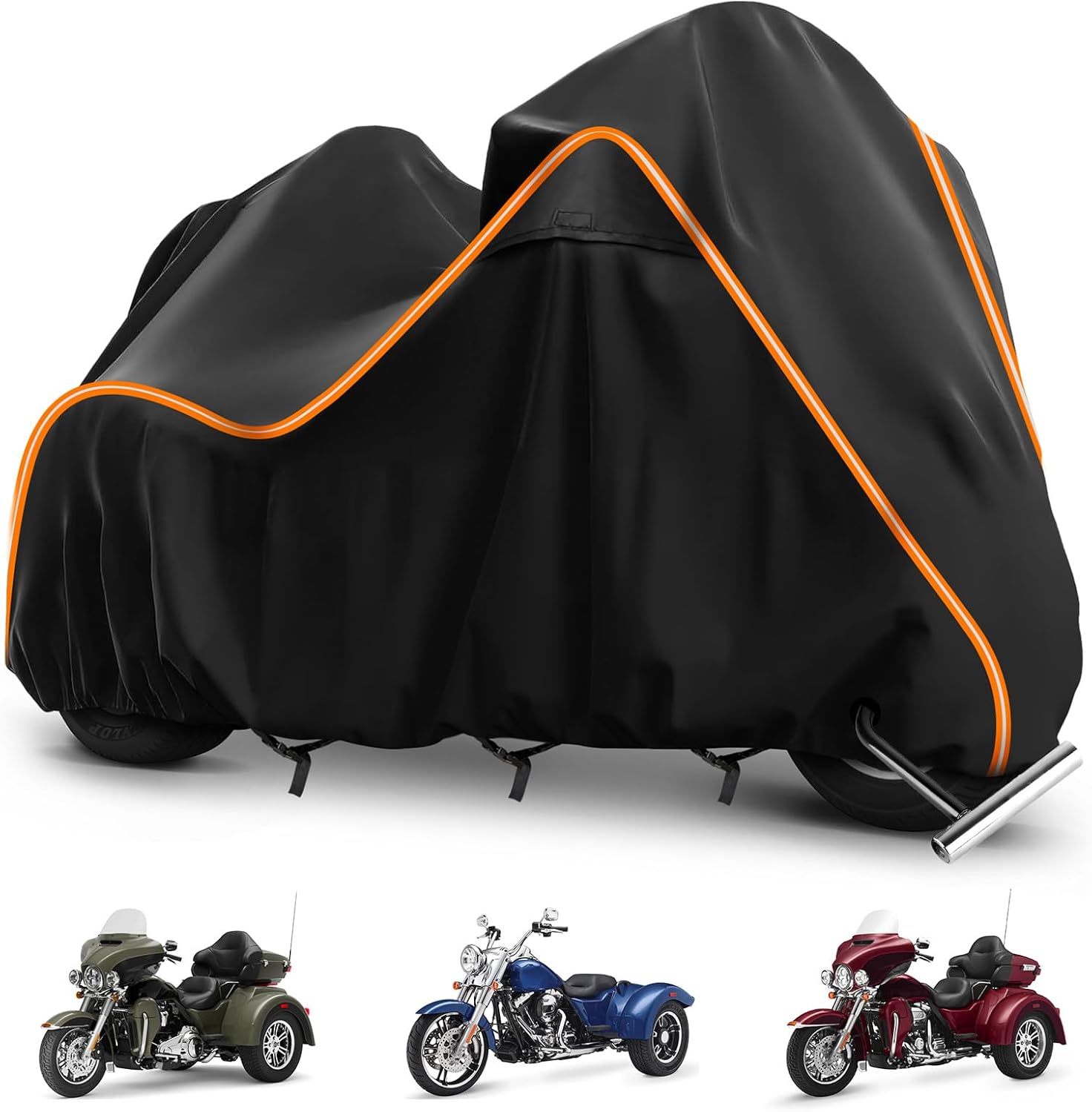 BIGACOVER 420D モーターサイクルカバー トライクモデル対応 Freewheeler Tri Glide Ultra CVO バージョン用 屋外対応 防風 ヘビーデューティ 防水プロテクションカバー（アンテナ開口部＆排気部耐熱加工付き）排気耐熱加工 屋外保管用 防風 防塵 全天候型 カバー