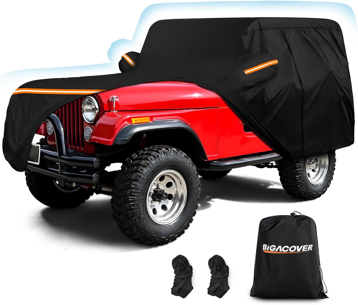 BIGACOVER Jeep CJ5用 防水カーカバー 1955-1983年式対応 210Dオックスフォード&コットン素材 PU防水コーティング オールウェザー仕様 運転席ジッパー&防風設計付き 日除け・防雪・防塵・UV対策 ジープ CJ5 1955-1983年式対応 防水カーカバー 210D ブラック 黒|日本小売業販売