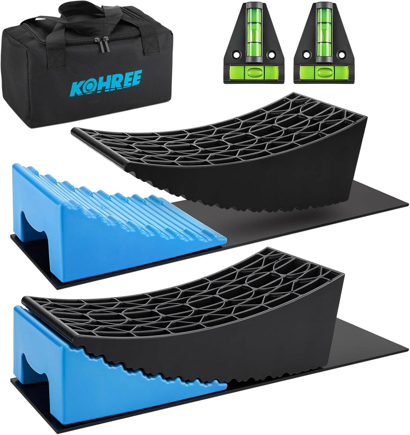 Kohree RV レベリングブロック 最大35,000ポンド（15.8トン）対応 アップグレード版 2個セット 頑丈なRV用カーブ型レベラー 青色チョーク2個 滑り止めマット2枚 収納バッグ1つ付き キャンパーレベラー トラベルトレーラー用 最大10cm調整 キャンプ 便利グッズ 車 レベラー