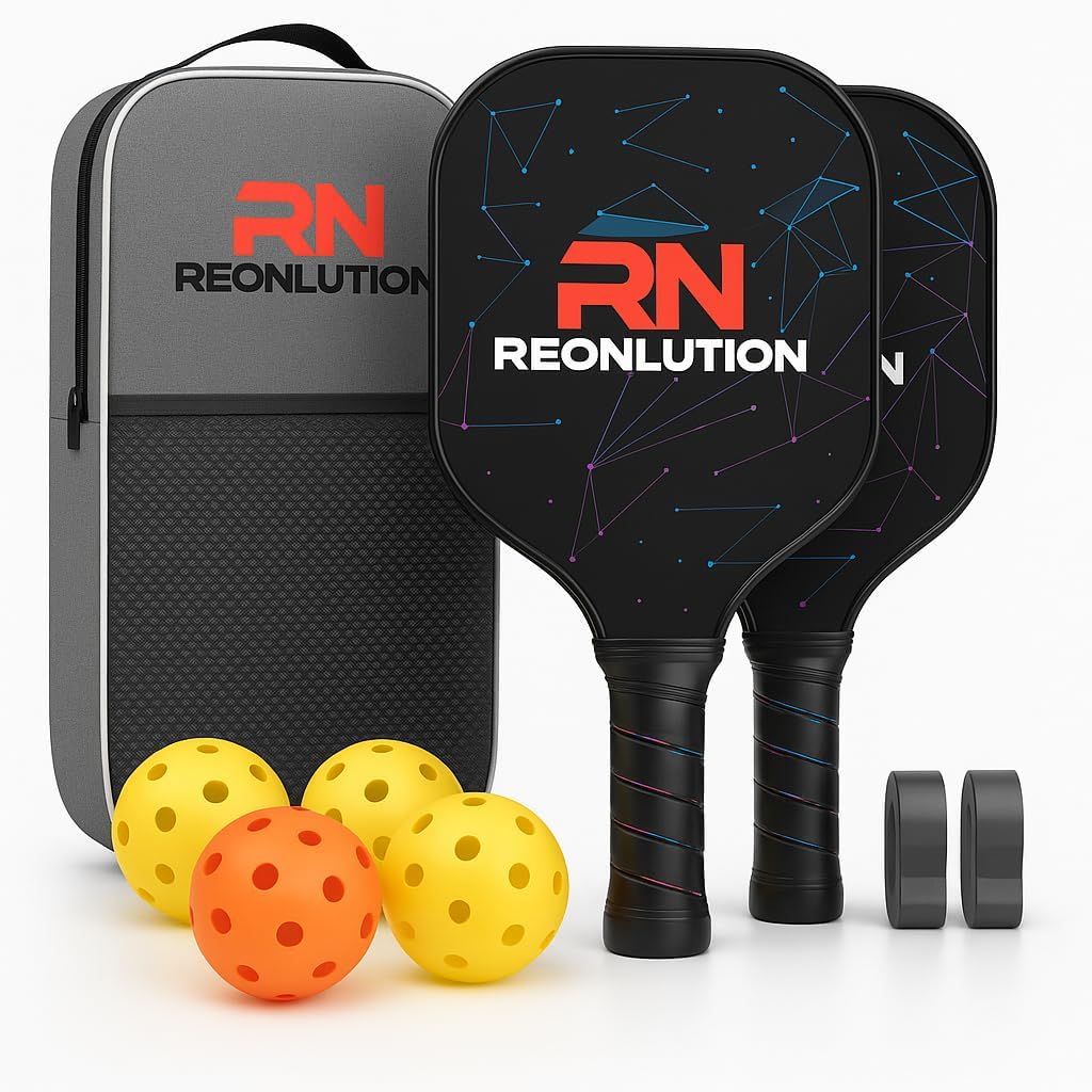 Reonlution ピックルボール パドル 2本セット 軽量ファイバーグラス製パドル2本・屋内外ボール4個・滑り止めグリップ2個・キャリーバッグ付き 初心者～中級者向け ピックルボールラケットセット 軽量モデル アウトドア 室内兼用 スポーツジム 試合 ファイバーグラス パドル
