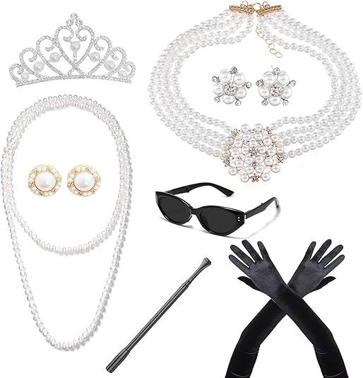 VZqola 1920年月日 ヘプバーン風 コスプレ 付属物 書き割り レディース Holly Golightly 表現スタイル Roaring 20s パールネックレス・イヤリング・ロンググローブ ハロウィン ヘプバーン風 1920s 付属物書き割り レディース パール 付属物 書き割り コスプレ 小物
