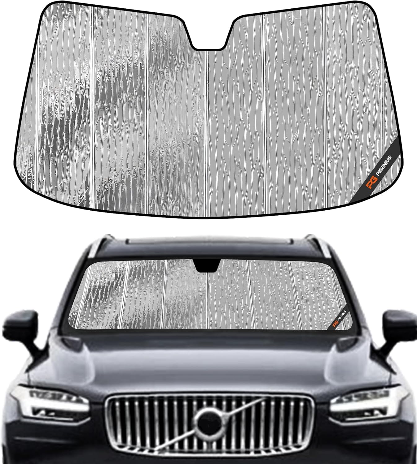 Pigenius A-SS1003 ボルボ XC90 2016-2026 用フロントガラスサンシェード フロントウィンドウサンシェード AstraGuard メタリックシルバー(メタリック) アコーディオン折りたたみデザイン 収納バッグ付属 ダメージ防止 素早いセットアップ 三重ラミネート構造 日よけ|日本小売業販売