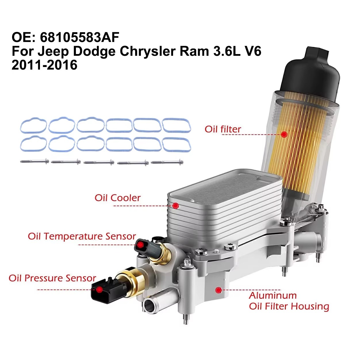 アルミ製 オイルクーラー一体型 オイルフィルターハウジング アダプター 926-959 / 68105583AF Jeep Dodge Chrysler Ram 3.6L V6 926-959 アルミ製 オイルフィルター ハウジング アダプター 68105583AF互換 Jeep Dodge Chrysler RAM 3.6L V6用 エンジンオイルクーラー