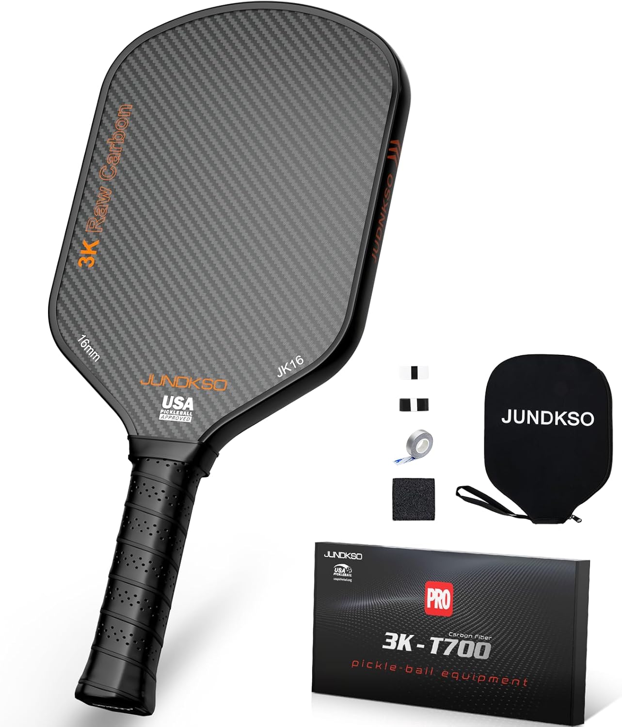 JUNDKSO 職業的 ピックルボールパドル T700炭素衣料繊維やとい入れる 3K置き目炭素 氷結産業境界線の外側 USAPAお墨付き 中級者・上級者向け オフェンシブロングパドル 黒いこと＆オレンジ色 ピックルボール パドル T700炭素衣料繊維 USAPA公証 3K置き目炭素