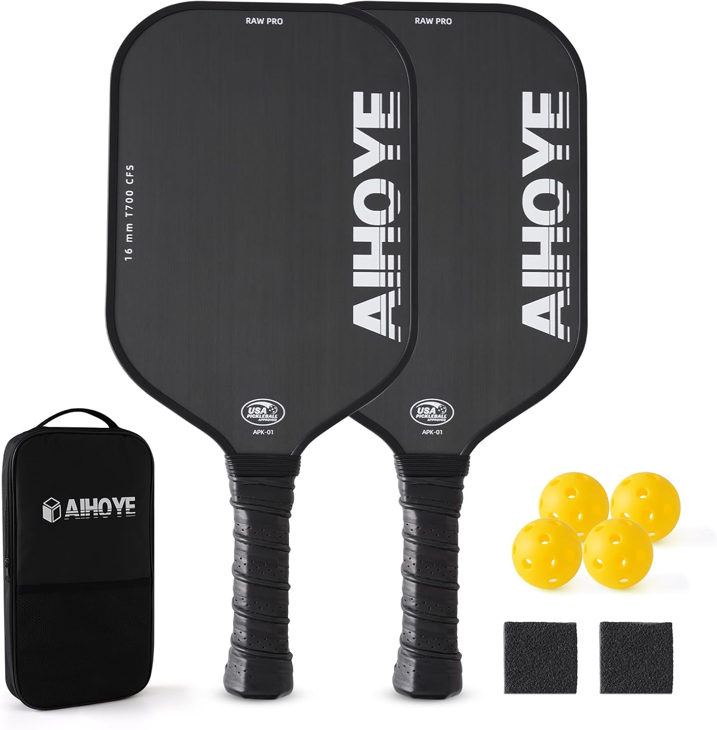 Aihoye PRO ピックルボールパドル 2本セット T700ローカーボンファイバー CFS加工 16mmハニカムコア USAPA認定 ピックルボール パドル 2本セット T700 カーボンファイバー 16mm ハニカムコア USAPA認証 ボール・バッグ付き 高反発 スピン 軽量 トーナメント対応|日本小売業販売