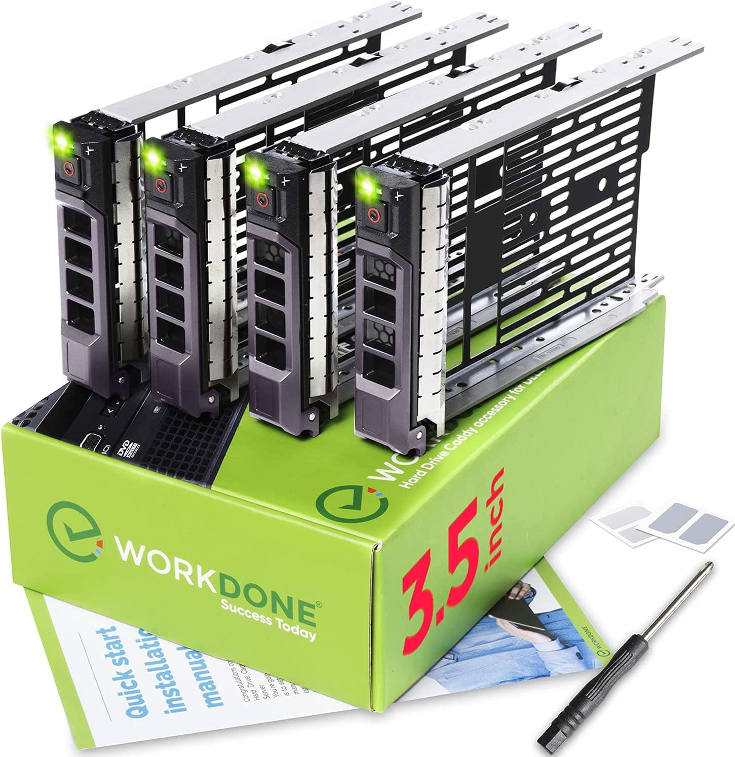 WorkDone 4パック 3.5インチ HDDキャディ KG1CH 適合機種: Dell PowerEdge サーバー 詳細な取り付けマニュアル フロントステッカーラベル スクリュードライバー HDDトレイネジ付き 3.5インチハードドライブキャディ スレッドフロントステッカーラベル トレイネジの追加｜日本小売業販売