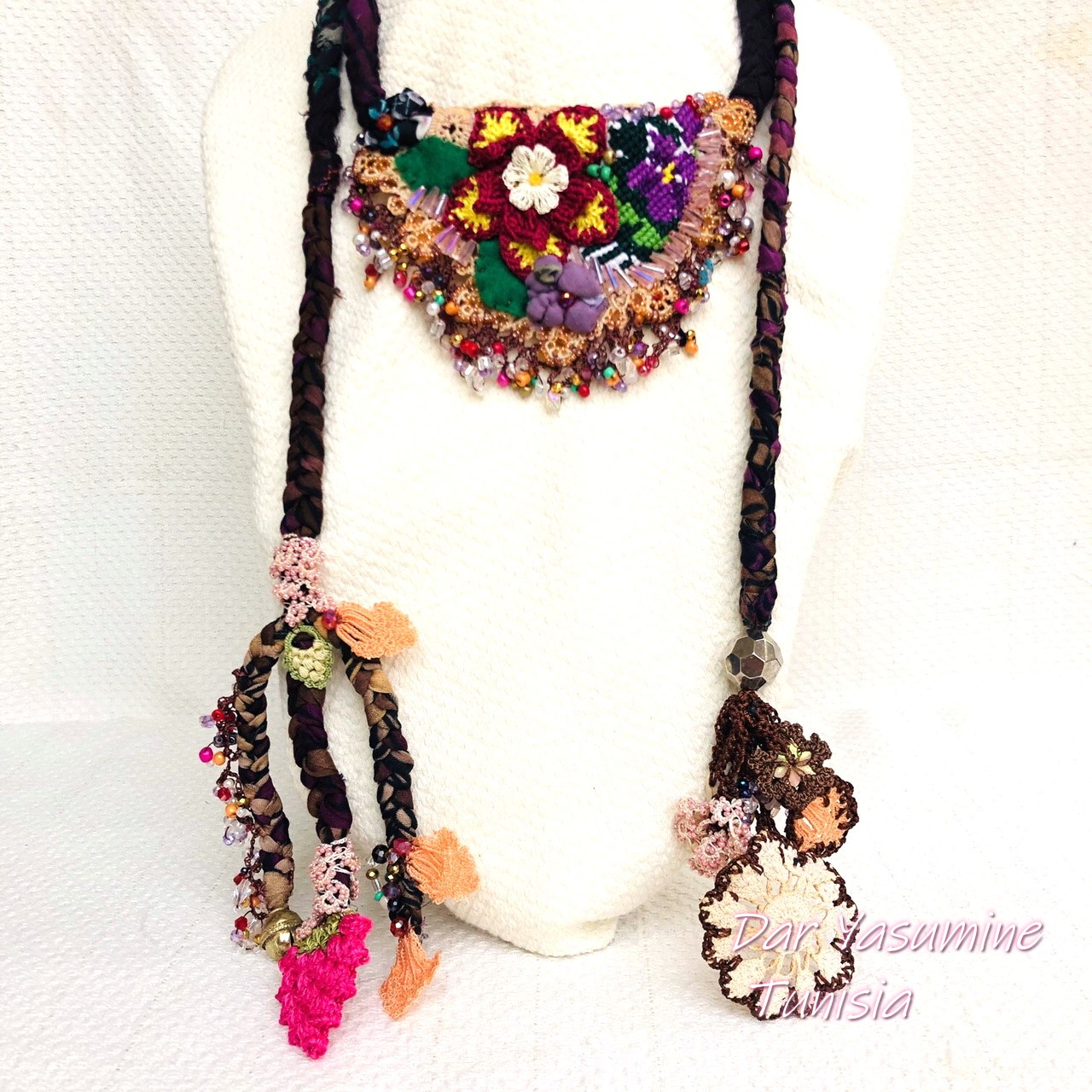 オヤ刺繍　使用時長さ約145cm　トルコの伝統手芸　ラリエットネックレス　「大輪の花開くとき」　シルク　刺繍　ビーズ編み　ゴージャス　1点もの　オリジナル　チョーカー　ラリエット117｜オリーブの木のキッチン アマジグ