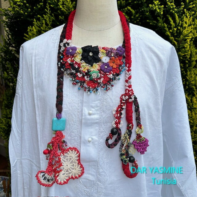 オヤoya刺繍 　トルコ伝統工芸　ラリエットネックレス　「激しく深く沸き起こる想い」　ラリエット124　1点もの　天然石　ビーズ　コットン　シルク
