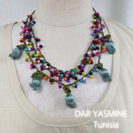 オヤoya刺繍 　トルコ伝統工芸　長さ調整できるネックレス　「クールでスタイリッシュに」　ネックレス113　1点もの　天然石　ビーズ　コットン　シルク