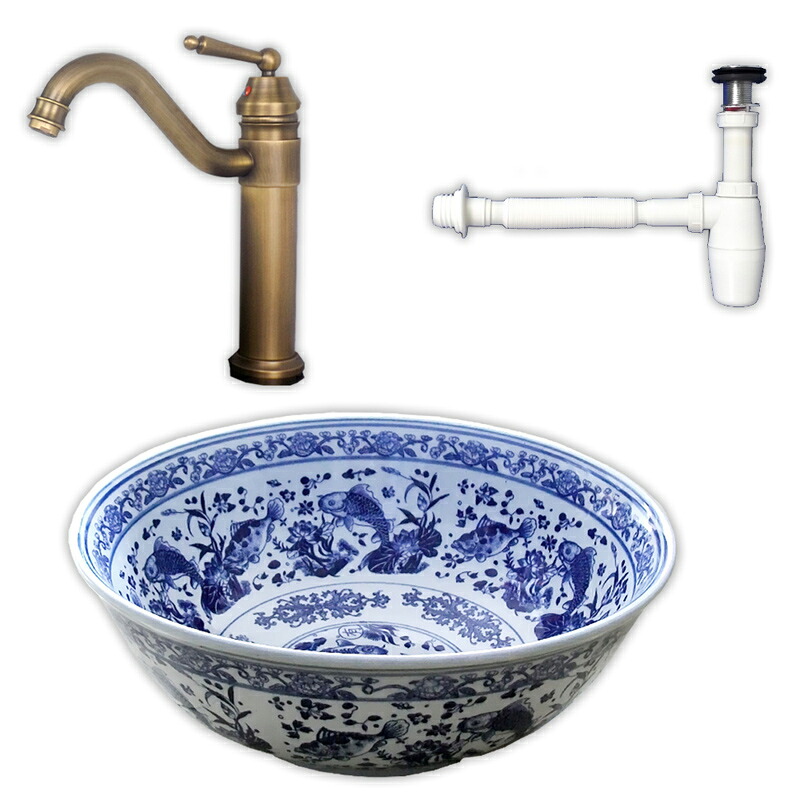 【送料無料】410x410中華風青花染付魚絵柄手洗器洗面器ボウル排水セット Ambest WL37B2 洗面器 水栓 排水金具 洗面ボウル 洗面化粧台 洗面シンク 洗面台 リフォーム 和風 洋風 お洒落な 棚 収納 節水 節約 インテリア 室内 室外 アンティーク調