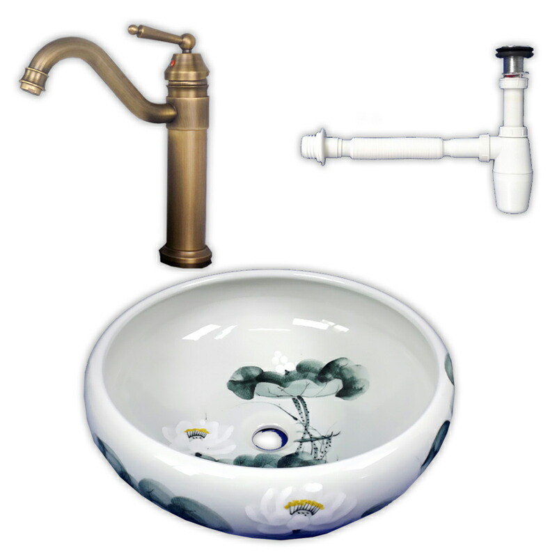 【送料無料】440x440中華風水墨画魚池絵柄円形洗面器ボウル排水セット Ambest WL37J2 洗面器 水栓 排水金具 洗面ボウル 洗面化粧台 洗面シンク 洗面台 リフォーム 和風 洋風 お洒落な 棚 収納 節水 節約 インテリア 室内 室外 アンティーク調