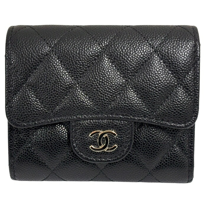 A-054 CHANEL (シャネル)三つ折り金入れ スモールフラップウォレット AP0229 【中古】キャビアひと肌 黒いこと パウダーコンパクト金入れ ミニ金入れ【AB位置づける】