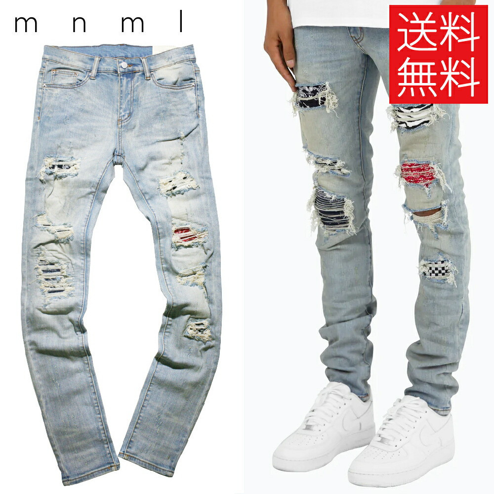 【送料無料】mnml X214 リペア スキニー デニム パンツ バンダナ チェッカー ゼブラ ブルー 青 STRETCH DENIM Bandana Checker Zebla Blue ミニマル