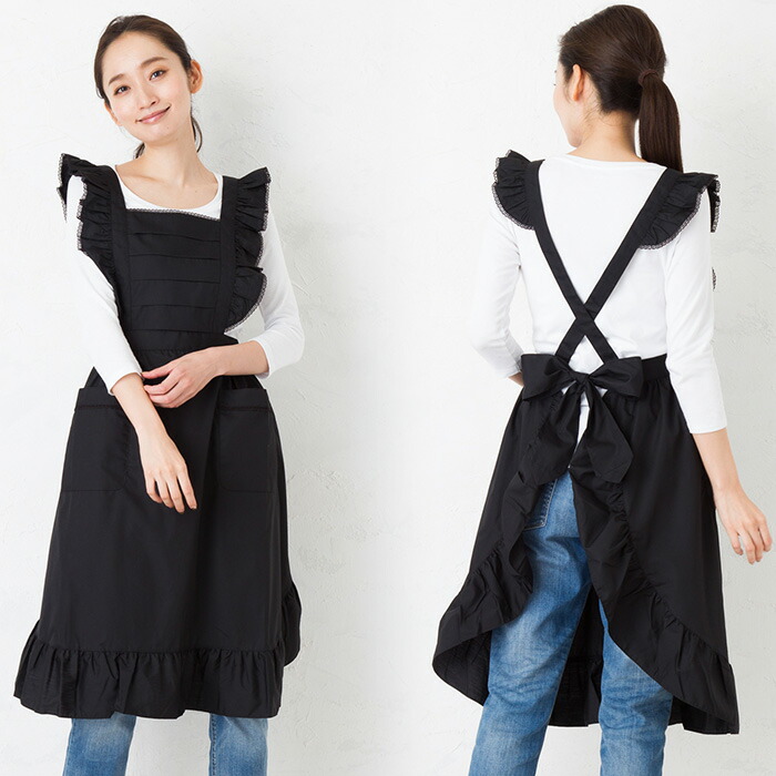 【楽天市場】エプロン 黒 日本製 フリル ロング 肩 フリル レース レトロ バッククロス ロング エプロンドレス 大人 ブラック M-L
