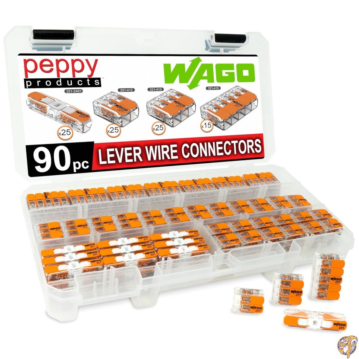 【クーポン配信中】WAGO 221 レバーナット 90個 コンパクトスプライシングワイヤコネクター詰め合わせケース付 (25x) 221-2401、(25x) 221-412、(25x) 221-413、(15x) 221-415｜アメリカグッドバイブス
