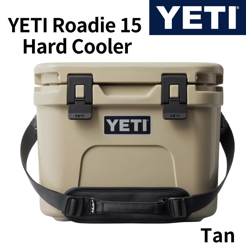 【百貨店大売り出し!クーポン券持参中】YETI 空調設備ボックス席 ローディー15 捉え所のない空調設備 ダブルデューティー ストラップ付 Roadie 15 Hard Cooler ★ TAN タン ★上滑り打ちきり 難民キャンプ 魚釣り 余暇