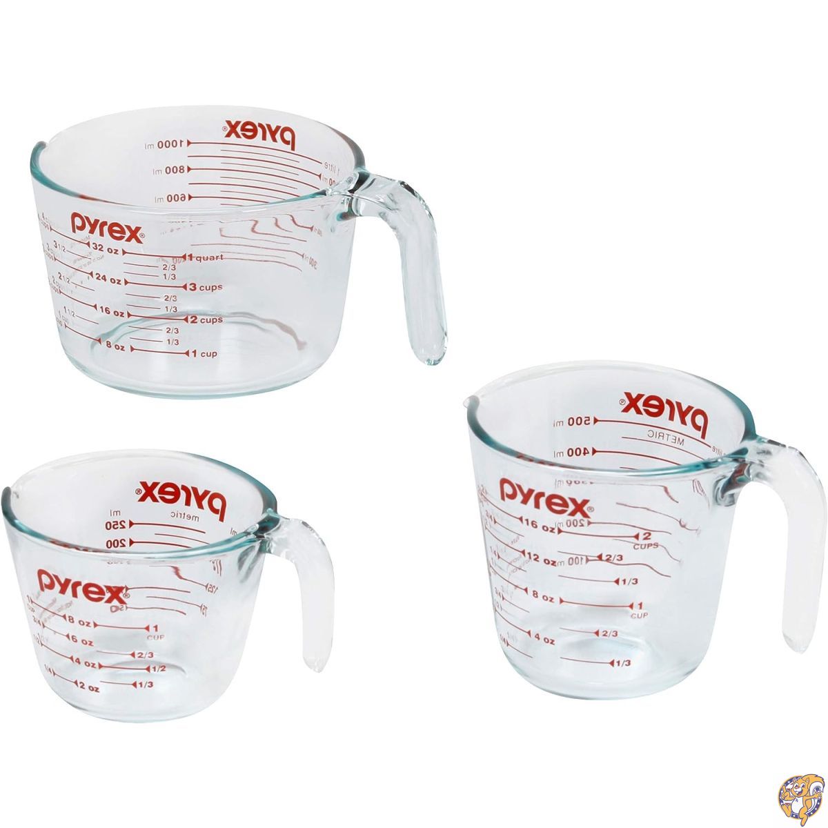 Pyrex 3-Piece Glass Measuring Cup Set by パイレックス（PYREX）測り優勝杯 3点仕掛ける 1優勝杯・2優勝杯・4優勝杯 耐熱瑠璃 大リーグ優勝杯 目盛り付き添い人 陰電子範囲・オーヴン・凍る・食洗機相応う 一皿分の料理・製菓・膳立て用勝手もと手道具
