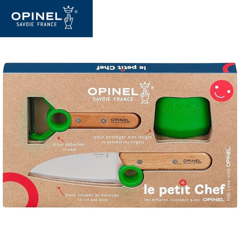 【最大777円クーポン配信】OPINEL LE PEITI CHEF KNIFE/PEELER SET キッチン3点セット (GREEN) 先丸シェフナイフ フィンガーズガード ピーラー 子供用 フランス製