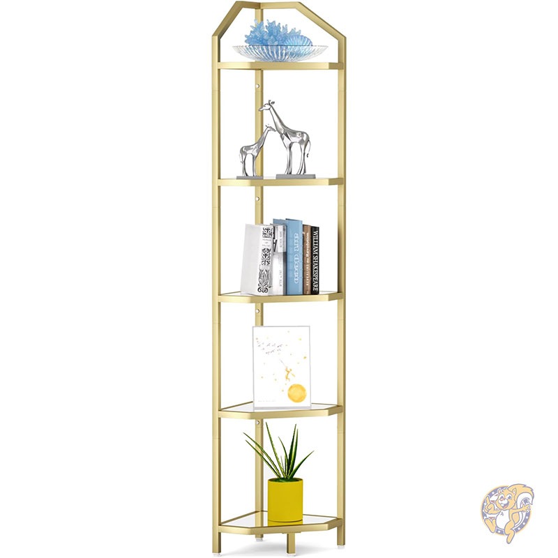 【最大限度2000円クーポン券10日～】5段コーナーシェルフスタンド ゴールド 隅っこ書物棚 2階建てバス御部屋納める仕合わせ棚 工業プラント仕合わせ 強化因子瑠璃 スチール写真ひな形 室内装飾