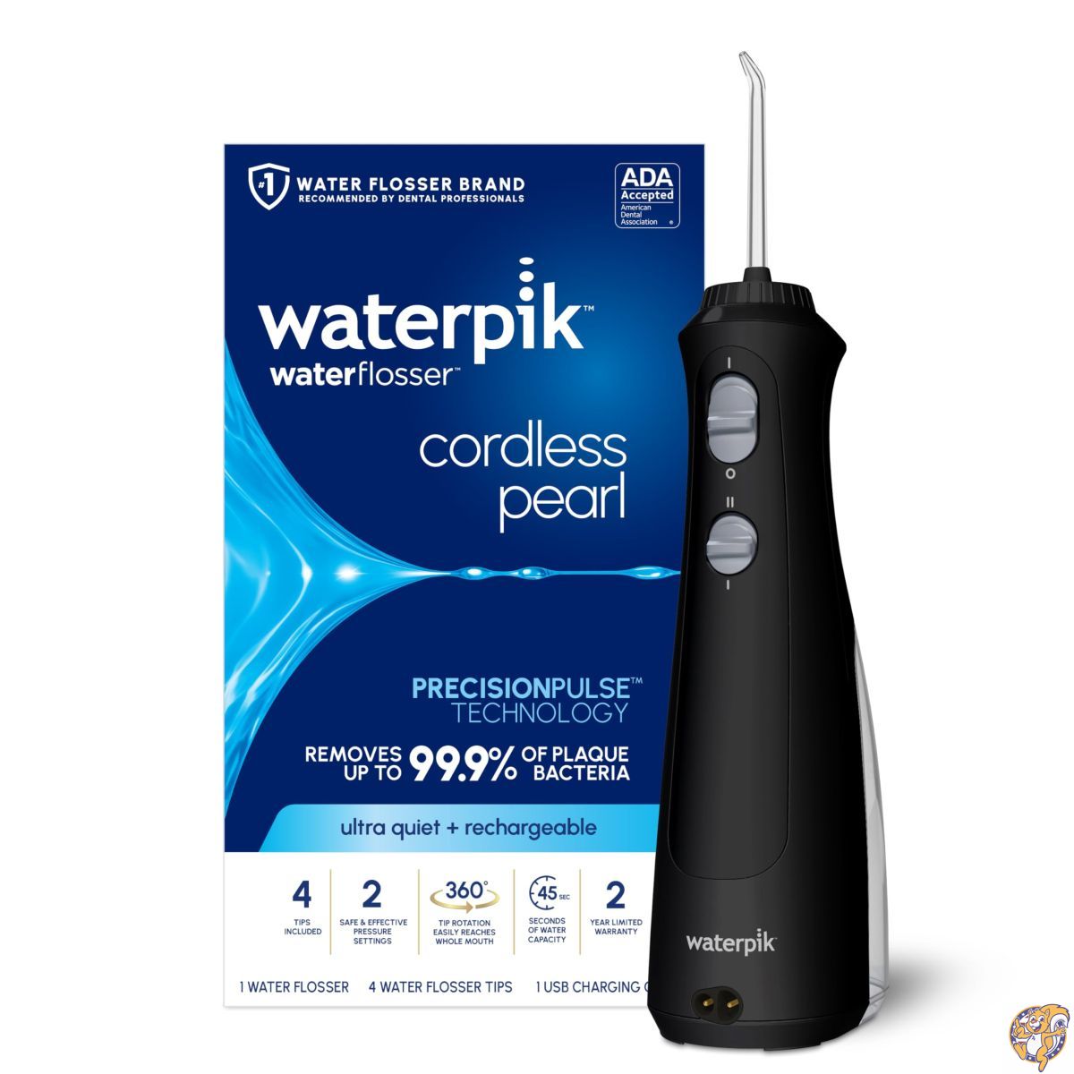 【最大777円クーポン配信】Waterpik ウォーターピック コードレス Pearl ウォーターフロッサー WF-13 ブラック ポータブル　フロス 口腔洗浄器 歯垢除去 水圧 歯茎 ブレース 歯科治療 歯科矯正　虫歯 リテーナー 矯正装置 【アメリカ並行輸入】