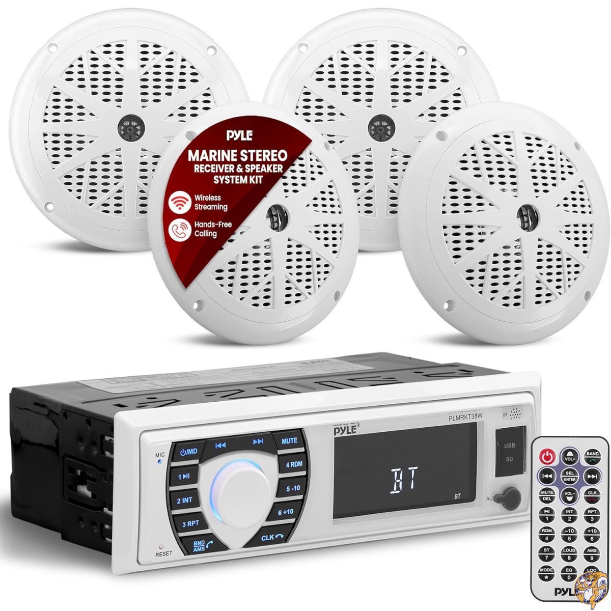 【クーポン配信中】Pyle Marine ラジオレシーバー スピーカーセット 12V シングル DINスタイル Bluetooth対応 防水 デジタルボート ダッシュボードコンソールシステム マイク付き スピーカー4個 リモコン 配線ハーネス PLMRKT38W (ホワイト)