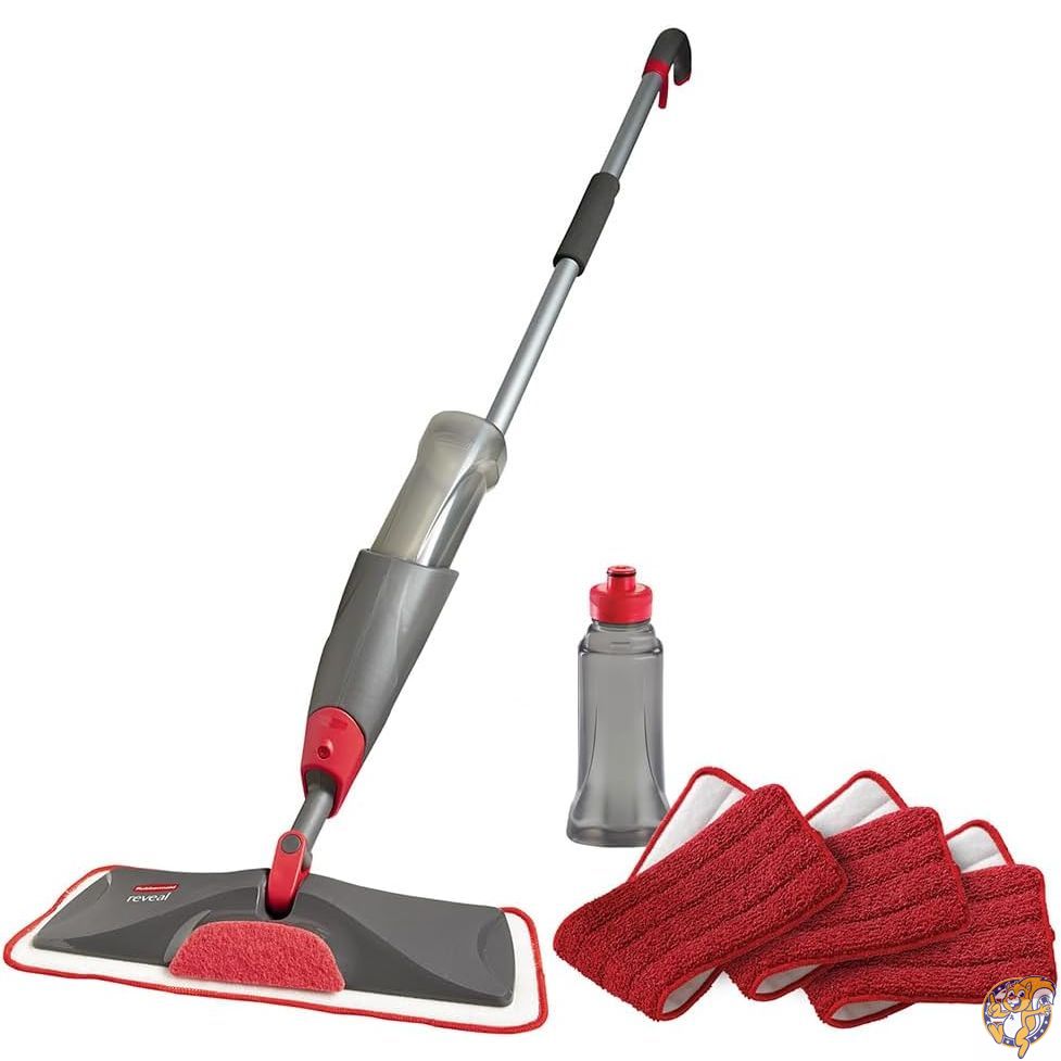 【百貨店大売り出し!引き換え証配送中】Rubbermaid Reveal スプレーモップフロアクリーニングキット:マイクロファイバーウェットパッド3個、詰め替え能力のある瓶1個、コードレス、全立ち会い場用