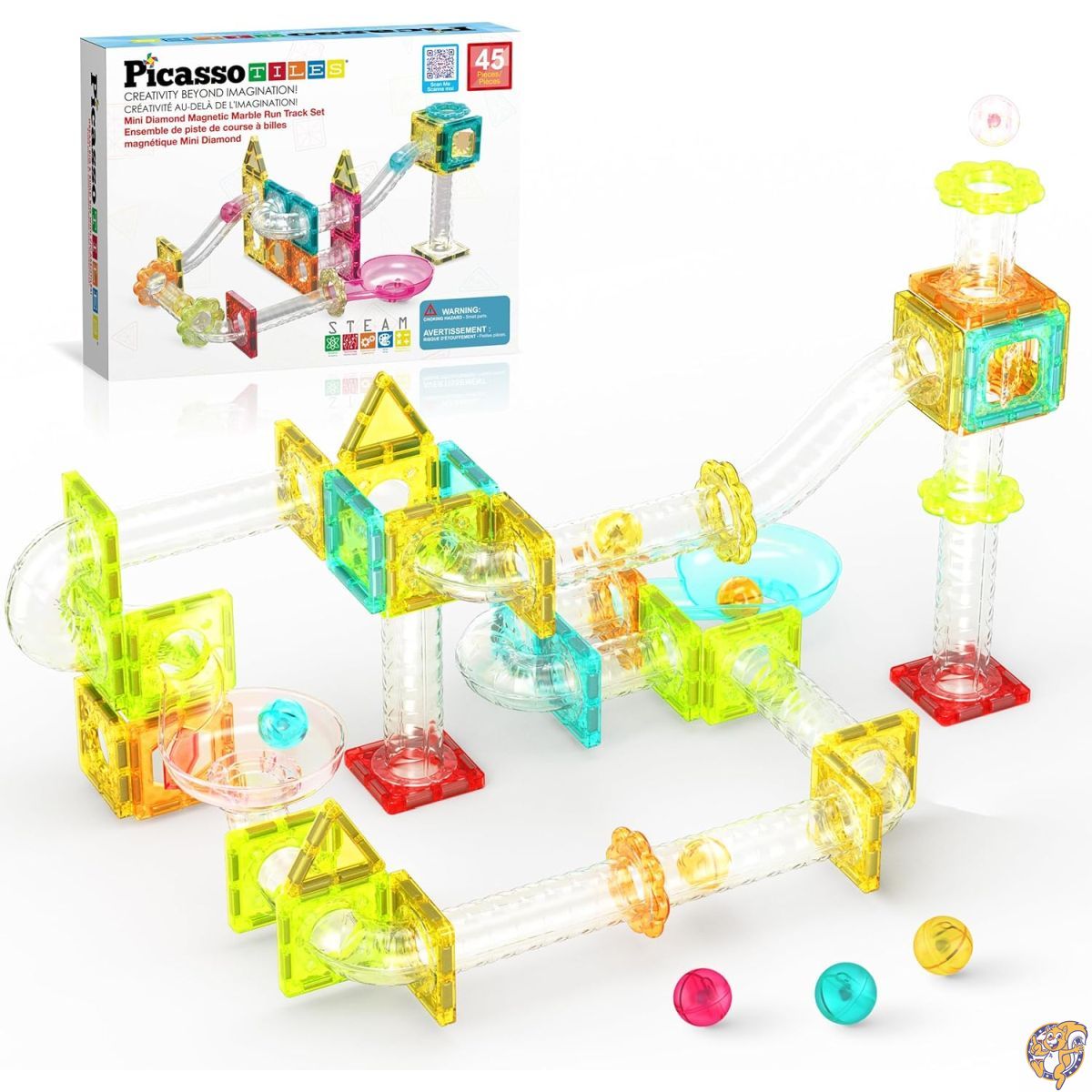 【最大777円クーポン配信】PicassoTiles マグネットタイル ビルディングブロック トラベルサイズ 磁気マーブル ラン建設おもちゃセット ミニダイヤモンド マーブル レーストラック 45ピース プレイセット 教育 STEM 学習キット 男の子 女の子 6+ PTMG45