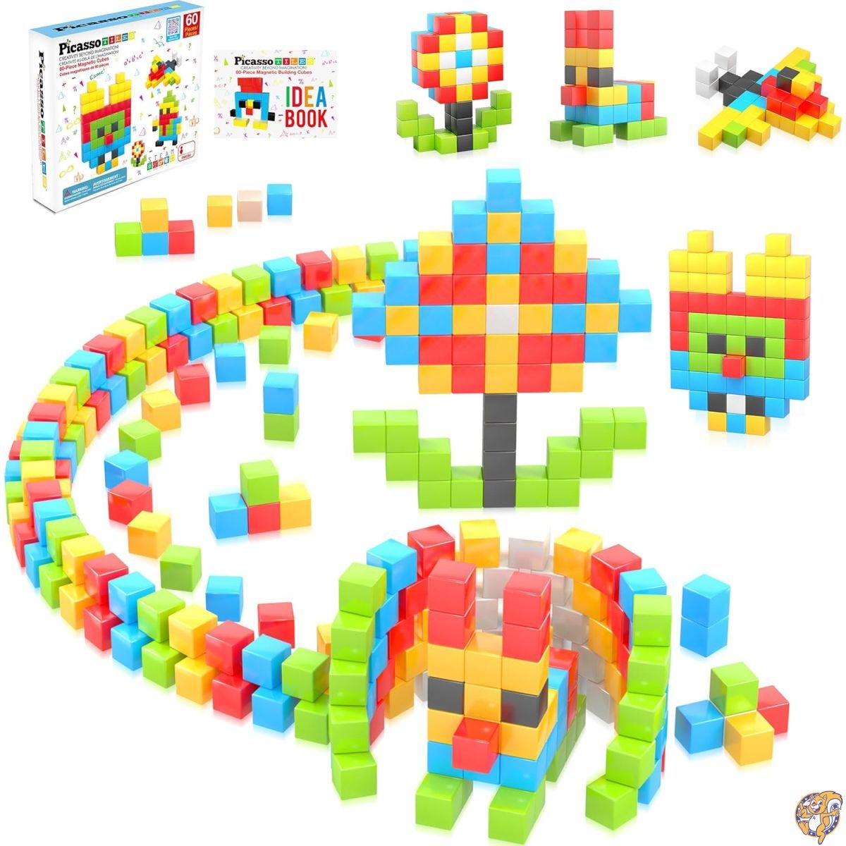 【クーポン配信中】PicassoTiles マグネット パズルキューブ 60個 磁石 ビルディングブロック 建築セット 知覚おもちゃ 初期教育 STEM教育キット 50種類のアイデアが詰まった無料アイデアブック付属 子ども用 男女兼用 向け PMC60 マルチカラー|アメリカグッドバイブス