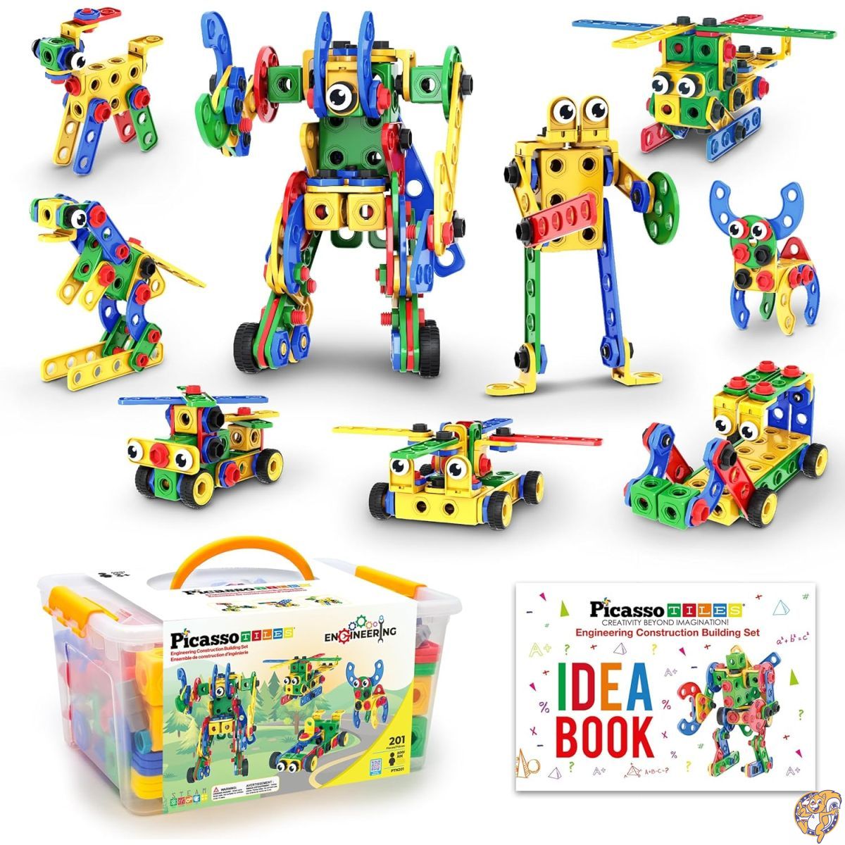 PicassoTiles STEM 学習 玩具 201ピース 組み立てブロックセット 子ども 構造 エンジニアリング キット オモチャ ブロック 初期教育 プレイセット アイディアブック、電動ドリル、クリック式ラチェット、年齢 PTN 201 マルチカラー