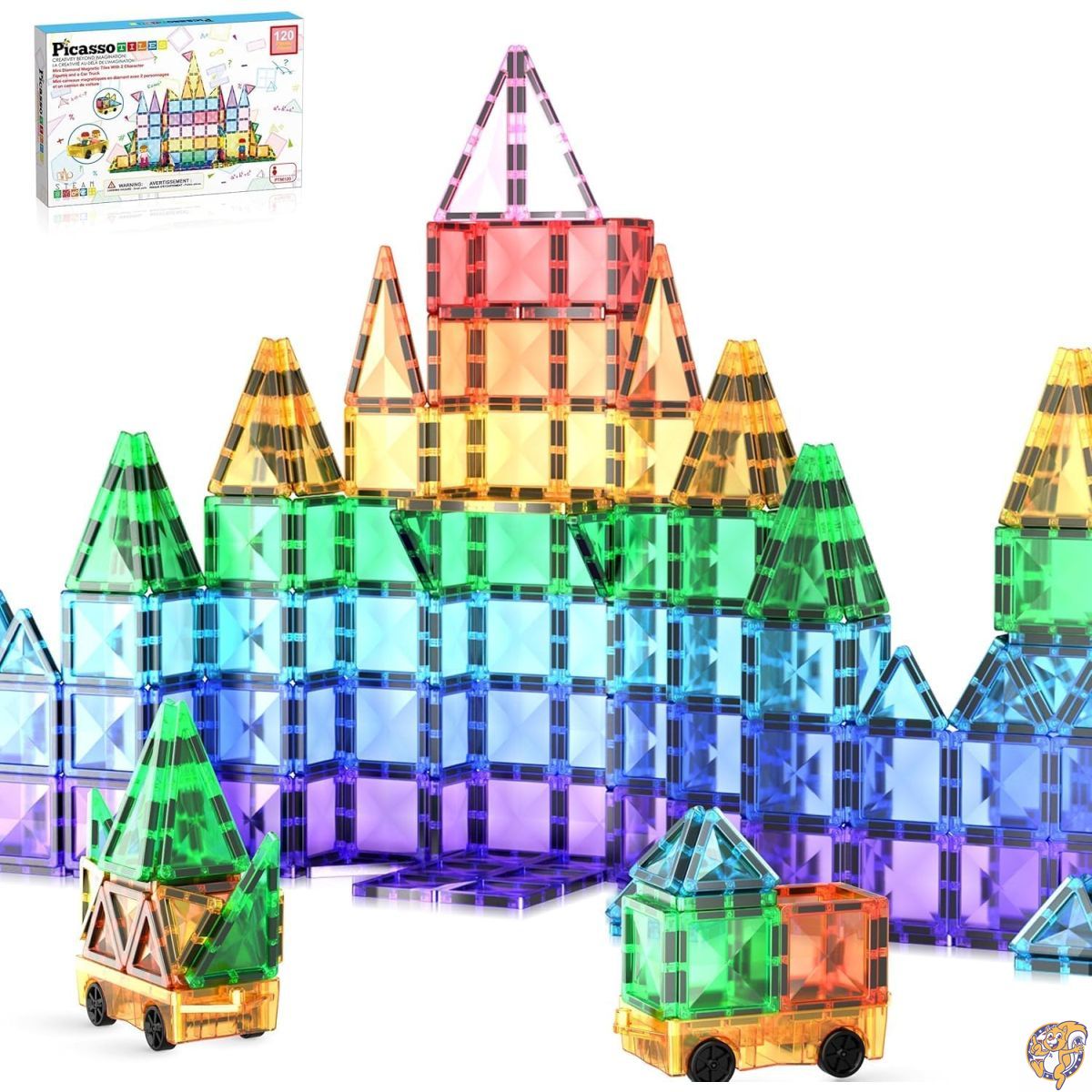 【クーポン配信中】PicassoTiles 120ピース ミニ ダイヤモンド 磁気タイル 拡張 車 トラック フィギュア プレイセット 子供用組み立てマグネットブリック STEM & 学習おもちゃ 磁気アドオン 幼児 未就学児 男の子と女の子｜アメリカグッドバイブス
